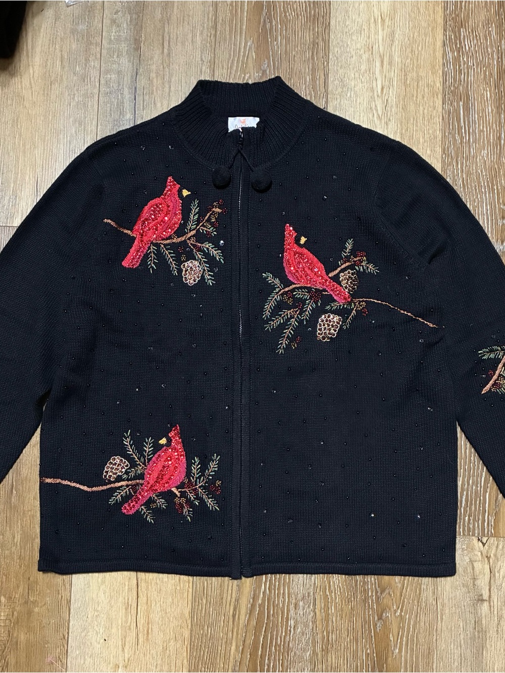 Quacker Factory Black Zip Cardigan Red Cardinal Bird Embroidery Sequins Holiday